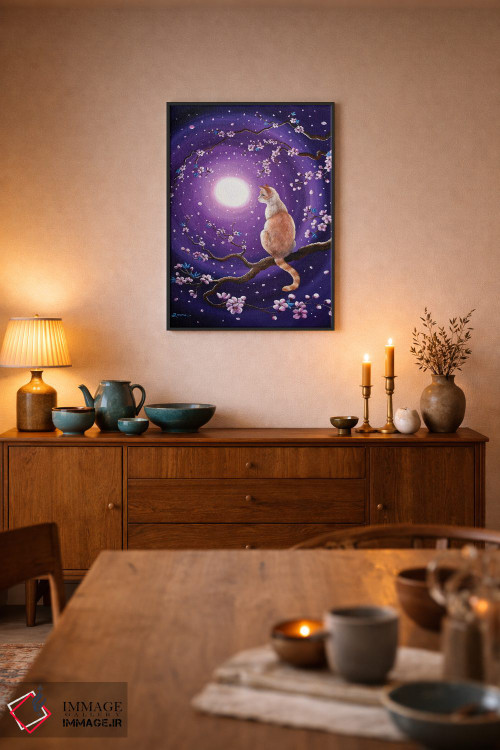 تابلو دکوراتیو گربه سیامی فلیم پوینت در شکوفه های رقصان گیلاس اثر لورا ایورسن - D6B