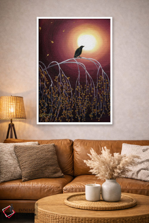 تابلو دکوراتیو کلاغ سیاه روی شاخه های توس سفید اثر لورا ایورسن - D3W