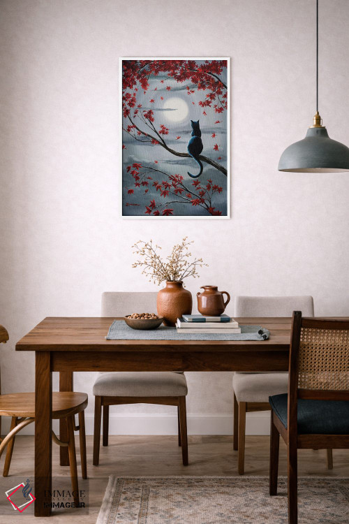 تابلو دکوراتیو گربه سیاه در نور ماه نقره ای اثر لورا ایورسن - D6W