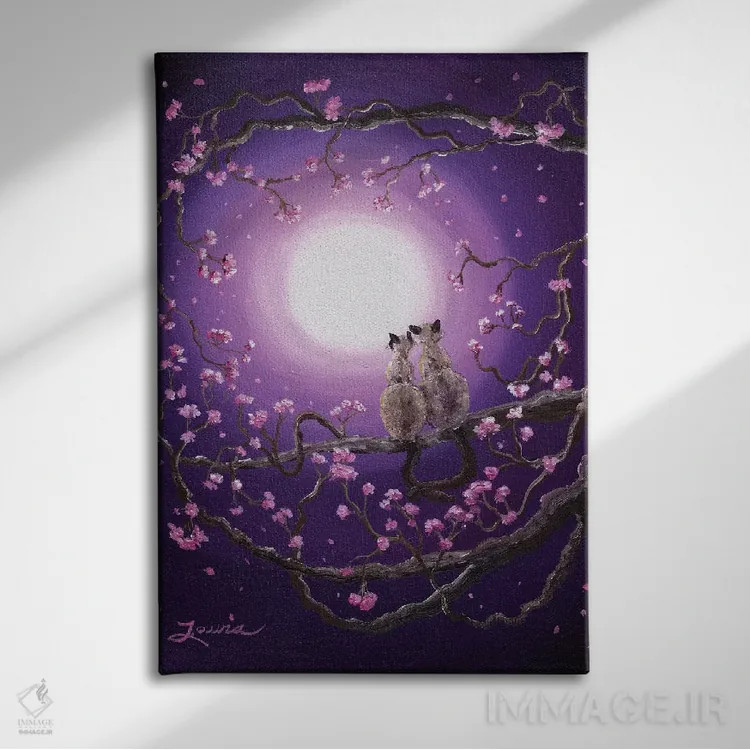 تابلو دکوراتیو گربه های سیامی در شکوفه های صورتی اثر لورا ایورسن - نمای روبهرو روی دیوار