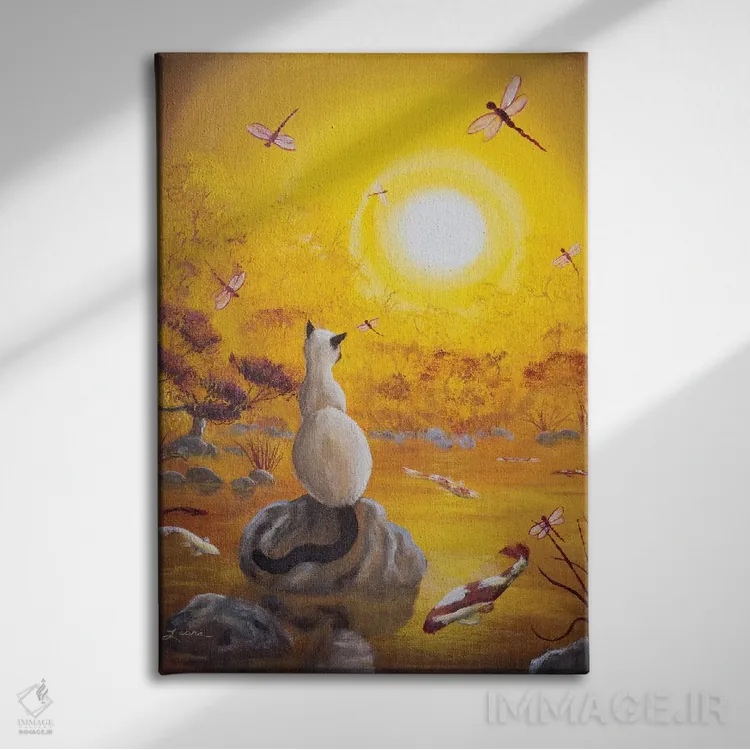 تابلو دکوراتیو گربه سیامی با سنجاقک های رقصان اثر لورا ایورسن - نمای روبهرو روی دیوار