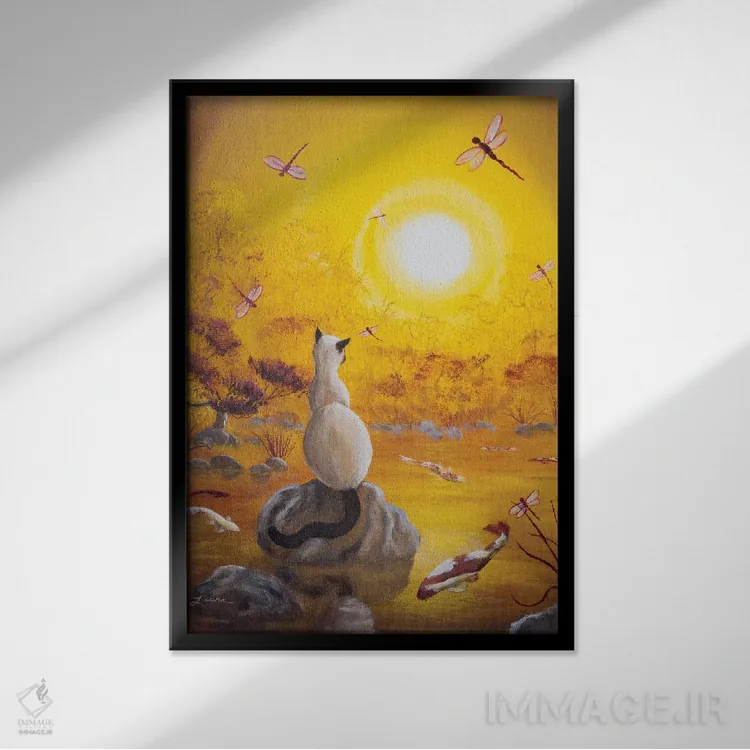 تابلو دکوراتیو گربه سیامی با سنجاقک های رقصان اثر لورا ایورسن - نمای قابدار مشکی