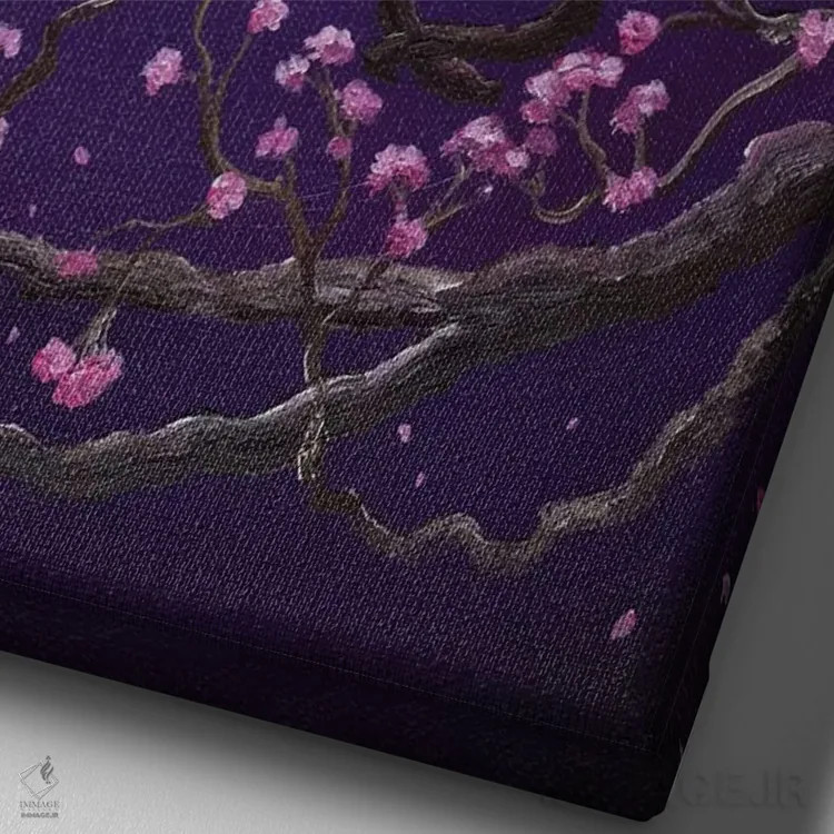 تابلو دکوراتیو گربه های سیامی در شکوفه های صورتی اثر لورا ایورسن - نمای نزدیک بافت بوم