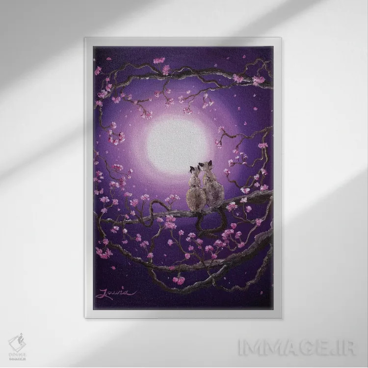 تابلو دکوراتیو گربه های سیامی در شکوفه های صورتی اثر لورا ایورسن - نمای قابدار سفید