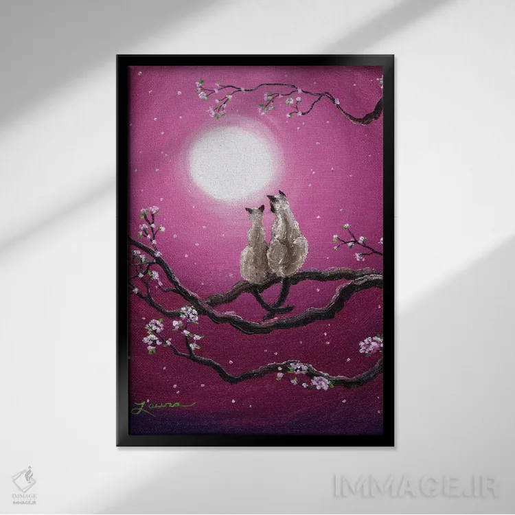 تابلو دکوراتیو گربه های سیامی در شکوفه های بهاری اثر لورا ایورسن - نمای قابدار مشکی