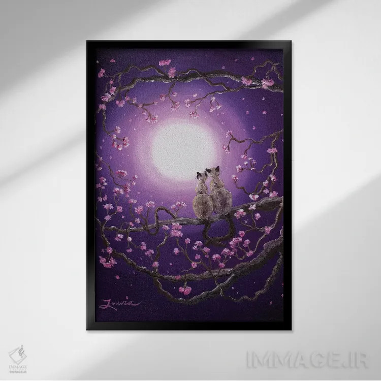 تابلو دکوراتیو گربه های سیامی در شکوفه های صورتی اثر لورا ایورسن - نمای قابدار مشکی