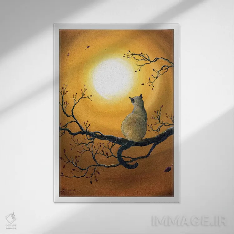 تابلو دکوراتیو گربه سیامی در درخشش پاییزی اثر لورا ایورسن - نمای قابدار سفید