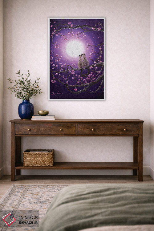 تابلو دکوراتیو گربه های سیامی در شکوفه های صورتی اثر لورا ایورسن - D3W