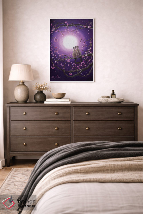 تابلو دکوراتیو گربه های سیامی در شکوفه های صورتی اثر لورا ایورسن - D2W