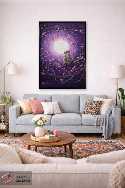 تابلو دکوراتیو گربه های سیامی در شکوفه های صورتی اثر لورا ایورسن - D1B