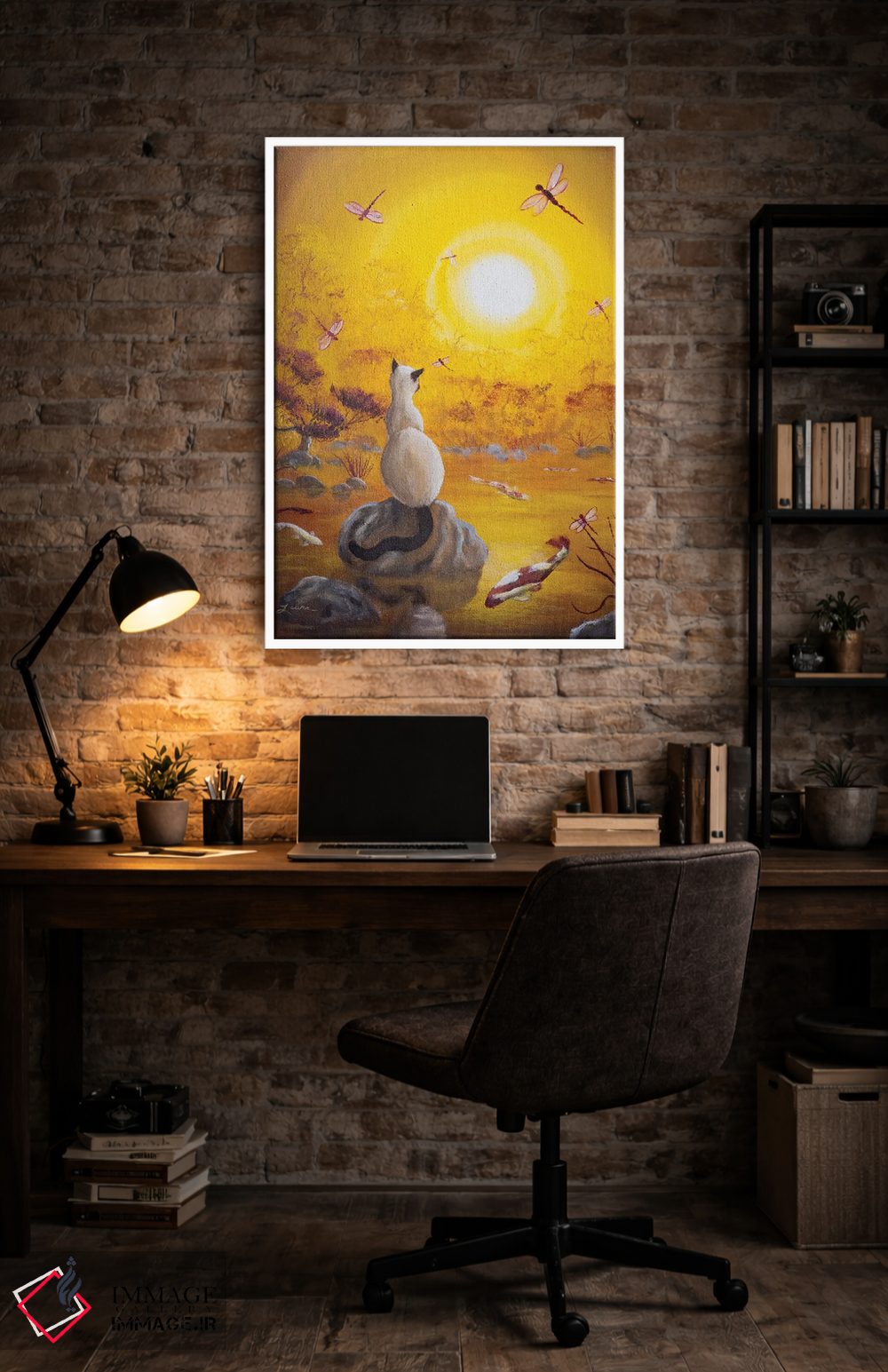 تابلو دکوراتیو گربه سیامی با سنجاقک های رقصان اثر لورا ایورسن - D4W