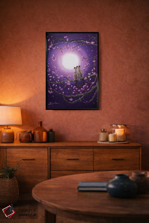 تابلو دکوراتیو گربه های سیامی در شکوفه های صورتی اثر لورا ایورسن - D5B