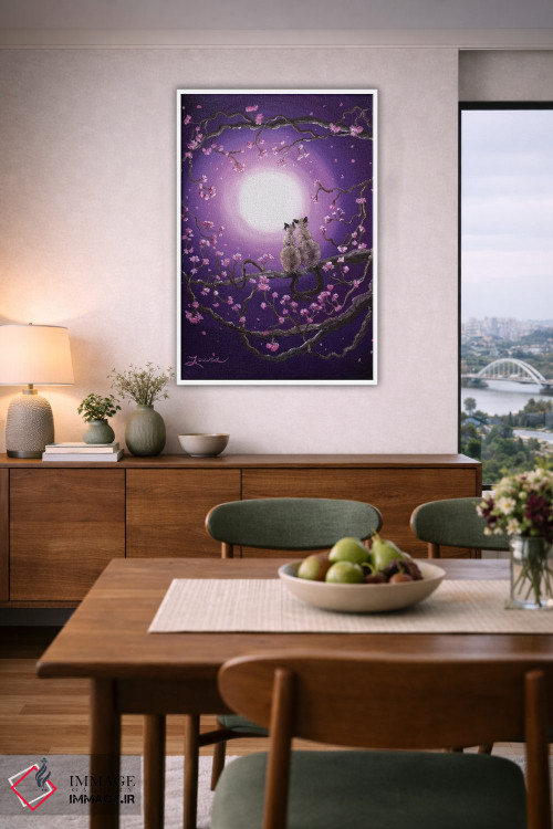 تابلو دکوراتیو گربه های سیامی در شکوفه های صورتی اثر لورا ایورسن - D6W