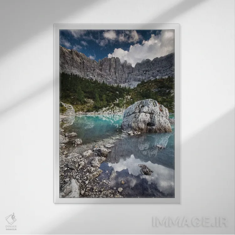 تابلو دکوراتیو ایتالیا، آلپ، دولومیت ها، کوه ها، دریاچه سوراپیس II اثر میکولاج گوسپودرک - نمای قابدار سفید