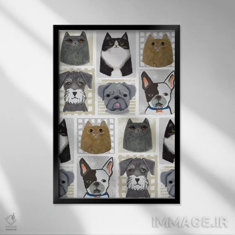 تابلو دکوراتیو گربه ها و سگ ها اثر لیندا برتل - نمای قابدار مشکی