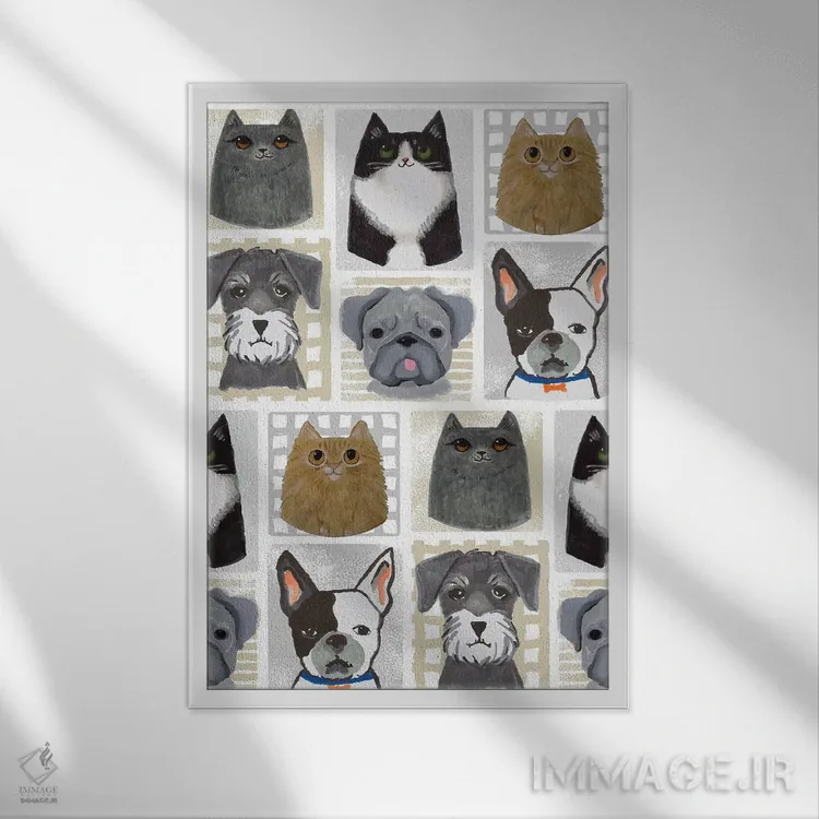 تابلو دکوراتیو گربه ها و سگ ها اثر لیندا برتل - نمای قابدار سفید