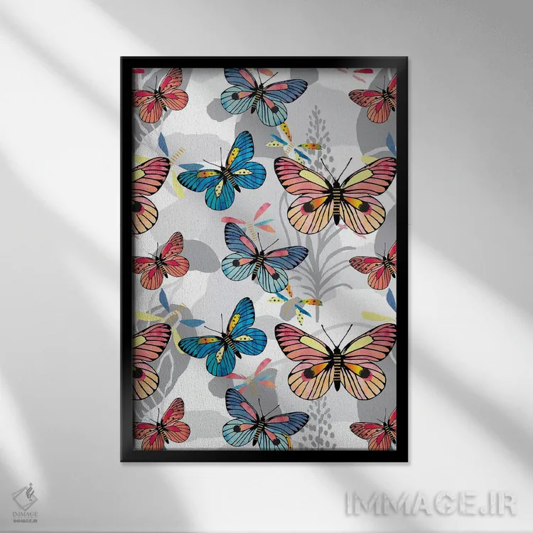 تابلو دکوراتیو پروانه های پاستلی اثر لیندا برتل - نمای قابدار مشکی
