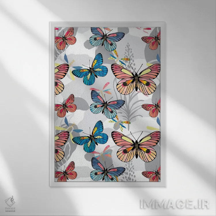 تابلو دکوراتیو پروانه های پاستلی اثر لیندا برتل - نمای قابدار سفید