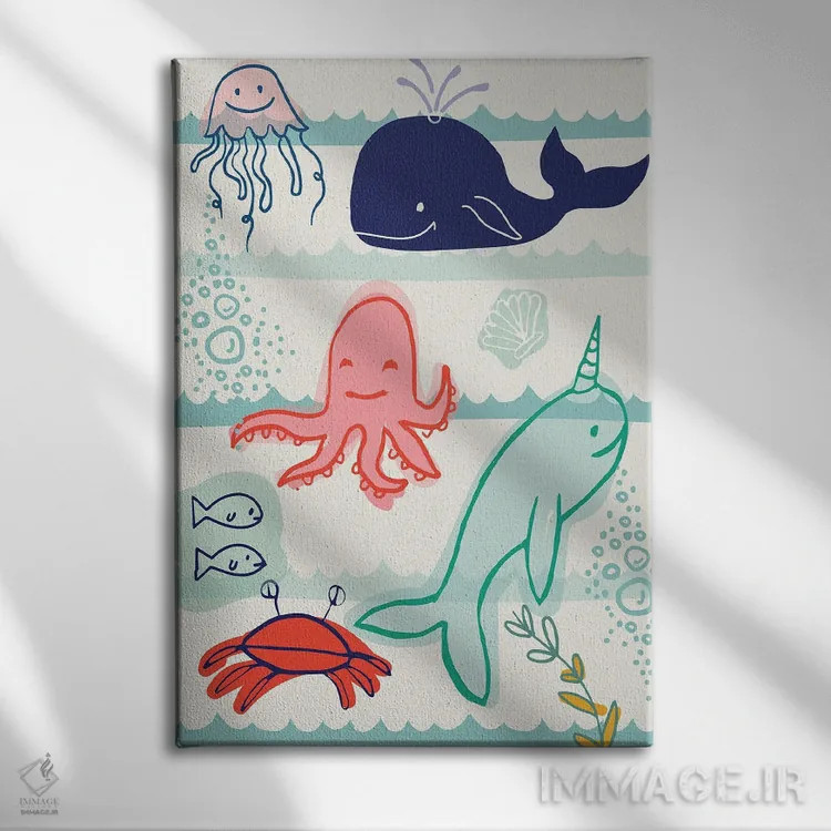 تابلو دکوراتیو جانوران دریایی اثر لولا بیژو و کمپانی - نمای روبهرو روی دیوار