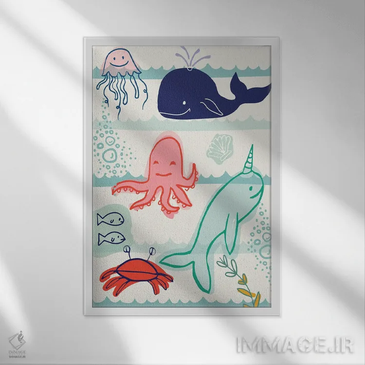 تابلو دکوراتیو جانوران دریایی اثر لولا بیژو و کمپانی - نمای قابدار سفید