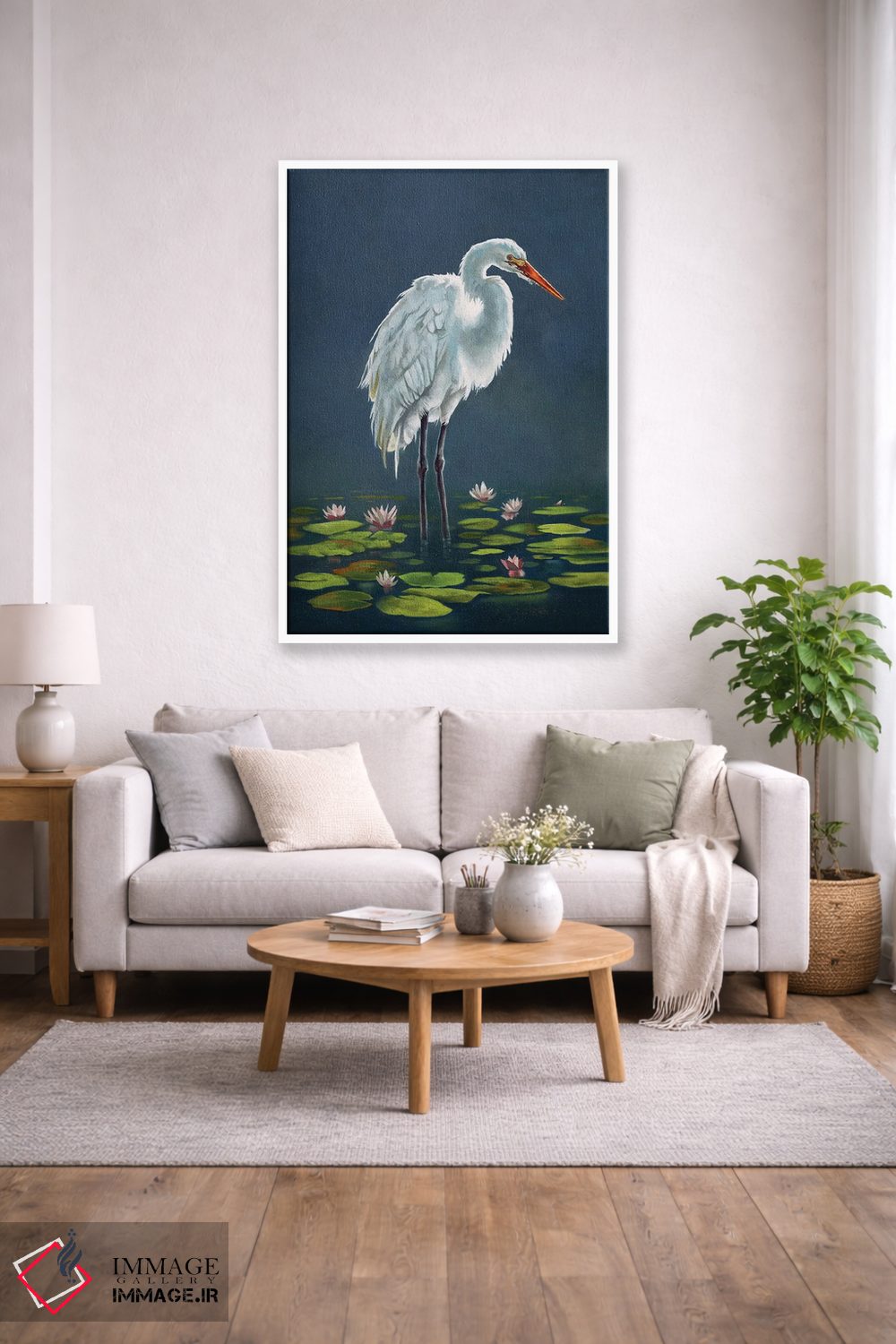 تابلو دکوراتیو حواصیل میان برگ های نیلوفر آبی اثر لوکا شپرد - D1W
