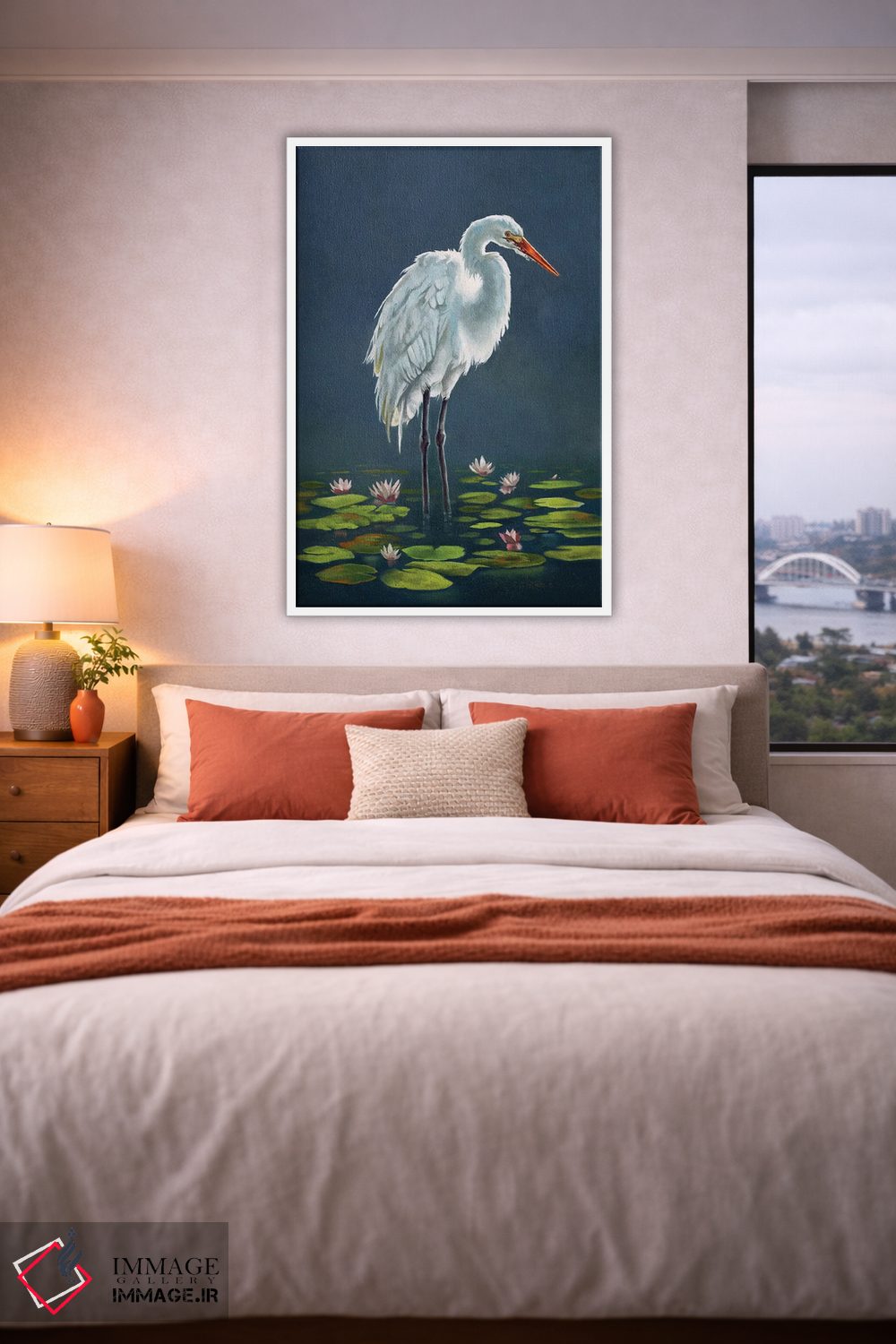 تابلو دکوراتیو حواصیل میان برگ های نیلوفر آبی اثر لوکا شپرد - D3W