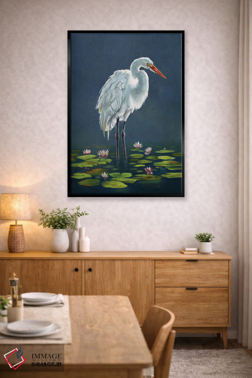 تابلو دکوراتیو حواصیل میان برگ های نیلوفر آبی اثر لوکا شپرد - D4B