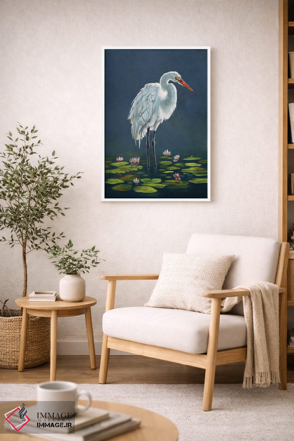تابلو دکوراتیو حواصیل میان برگ های نیلوفر آبی اثر لوکا شپرد - D5W