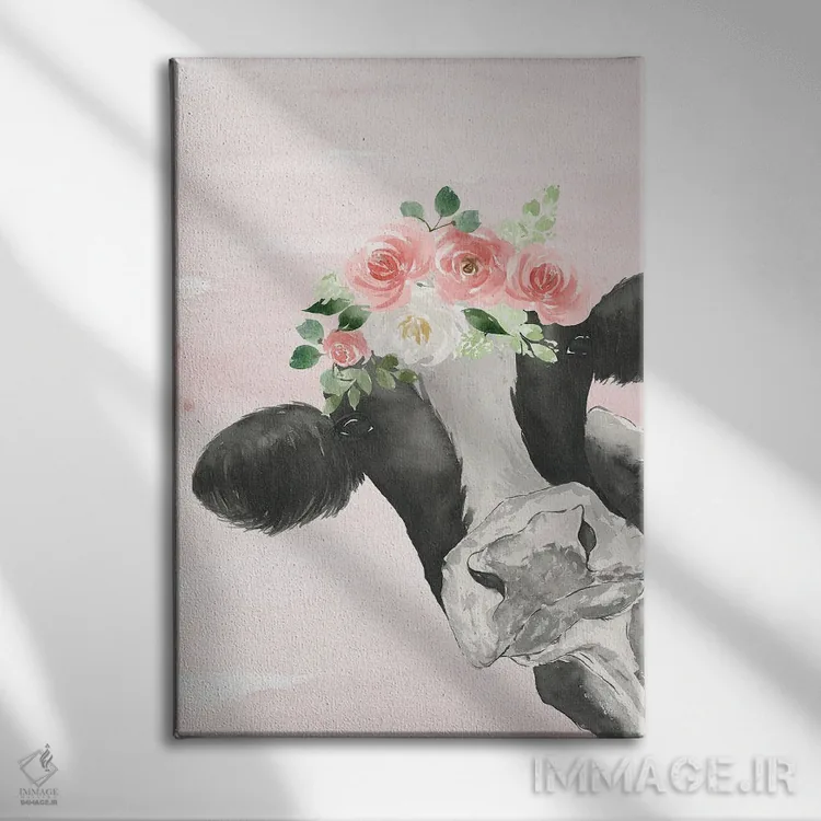 تابلو مدرن گاو تاج دار روی زمینه صورتی اثر لوسیل پرایس - نمای روبهرو روی دیوار