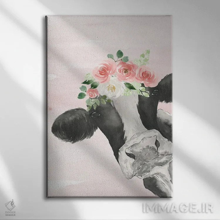 تابلو مدرن گاو تاج دار روی زمینه صورتی اثر لوسیل پرایس - نمای روبهرو روی دیوار