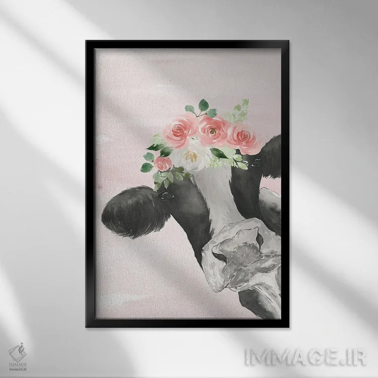 تابلو مدرن گاو تاج دار روی زمینه صورتی اثر لوسیل پرایس - نمای قابدار مشکی