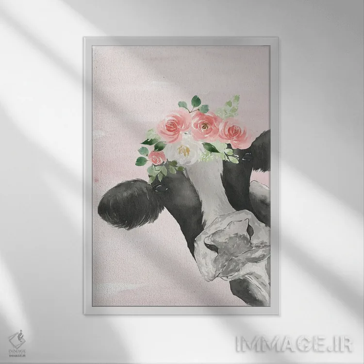 تابلو مدرن گاو تاج دار روی زمینه صورتی اثر لوسیل پرایس - نمای قابدار سفید