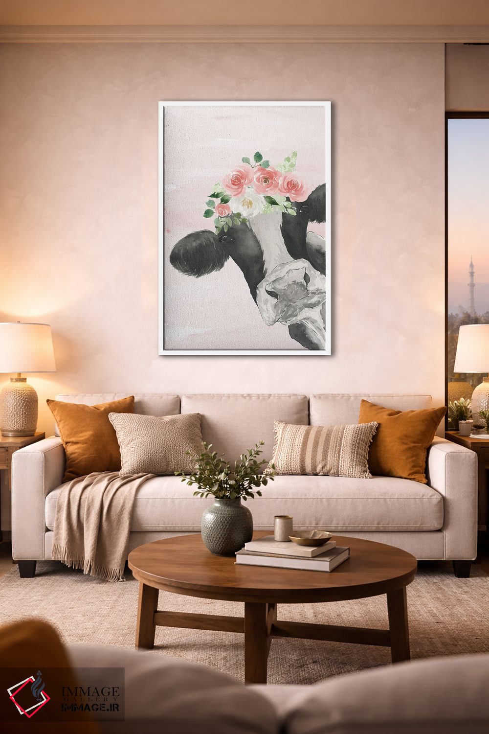 تابلو مدرن گاو تاج دار روی زمینه صورتی اثر لوسیل پرایس - D1W