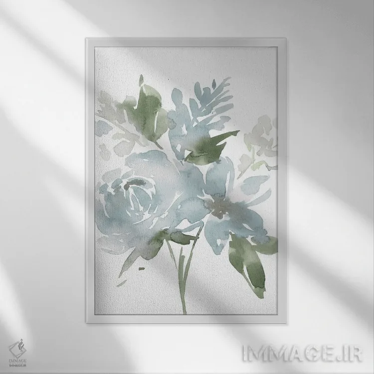 تابلو مدرن گل های آبی آرامش بخش II اثر لوسیل پرایس - نمای قابدار سفید