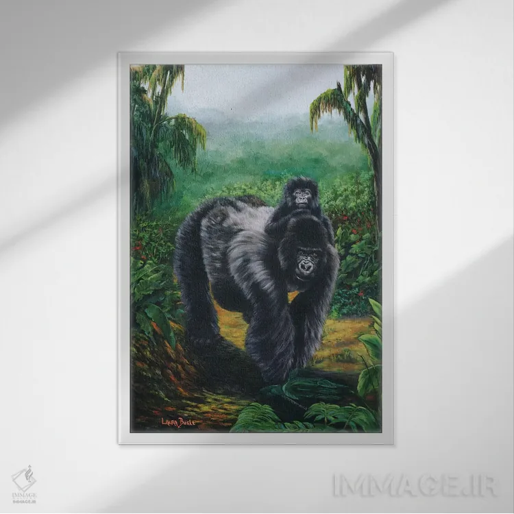 تابلو دکوراتیو سواری بر پشت گوریل اثر لورا کرتین - نمای قابدار سفید