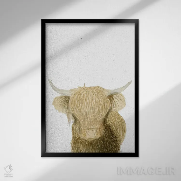 تابلو دکوراتیو گاو کوهستانی اثر لوسیل پرایس - نمای قابدار مشکی