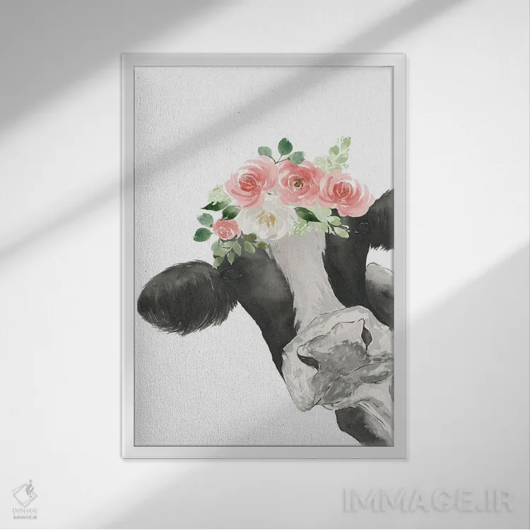 تابلو دکوراتیو سلام گاو با تاج گل اثر لوسیل پرایس - نمای قابدار سفید