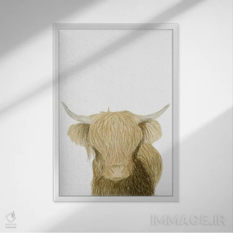 تابلو دکوراتیو گاو کوهستانی اثر لوسیل پرایس - نمای قابدار سفید