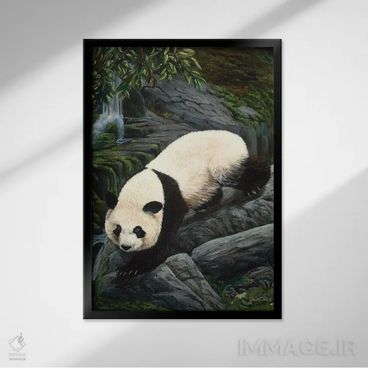 تابلو دکوراتیو پاندای در حال پایین آمدن اثر لورا کرتین - نمای قابدار مشکی