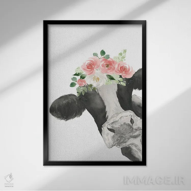 تابلو دکوراتیو سلام گاو با تاج گل اثر لوسیل پرایس - نمای قابدار مشکی