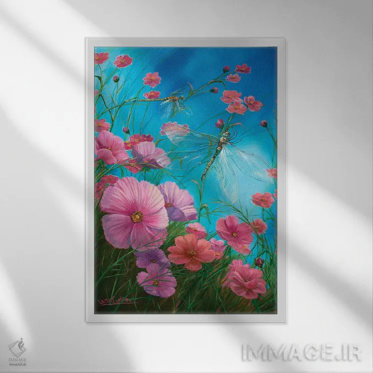 تابلو دکوراتیو سنجاقک ها و شقایق های کالیفرنیا اثر لورا کرتین - نمای قابدار سفید