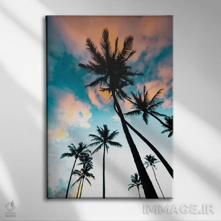 تابلو دکوراتیو طلوع خورشید در میان نخل ها اثر لوکاس مور - نمای روبهرو روی دیوار