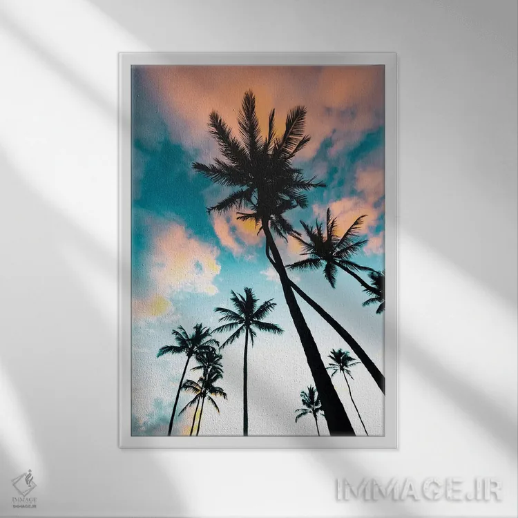 تابلو دکوراتیو طلوع خورشید در میان نخل ها اثر لوکاس مور - نمای قابدار سفید