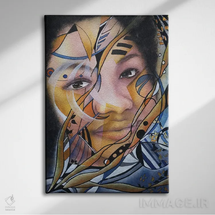 تابلو دکوراتیو زن انتزاعی با خطوط تهاجمی اثر لیز کاوینگتون - نمای روبهرو روی دیوار