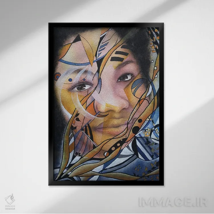 تابلو دکوراتیو زن انتزاعی با خطوط تهاجمی اثر لیز کاوینگتون - نمای قابدار مشکی