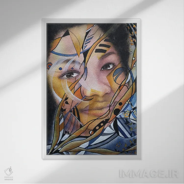 تابلو دکوراتیو زن انتزاعی با خطوط تهاجمی اثر لیز کاوینگتون - نمای قابدار سفید