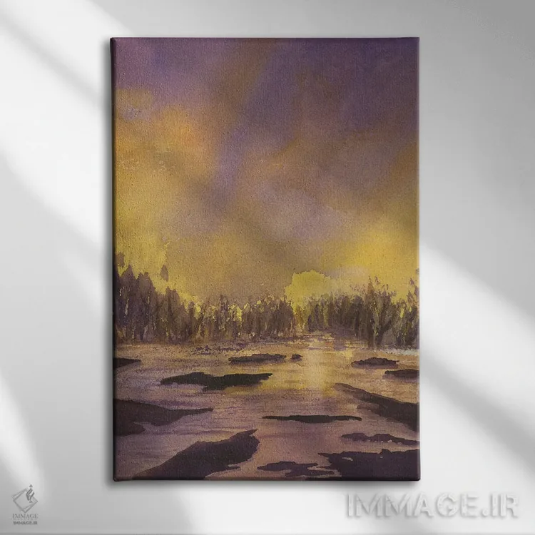 تابلو انتزاعی غروب بنفش اثر لیز کاوینگتون - نمای روبهرو روی دیوار