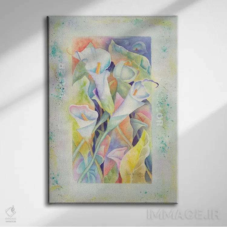 تابلو دکوراتیو کالاها با آبرنگ اثر لیز کاوینگتون - نمای روبهرو روی دیوار