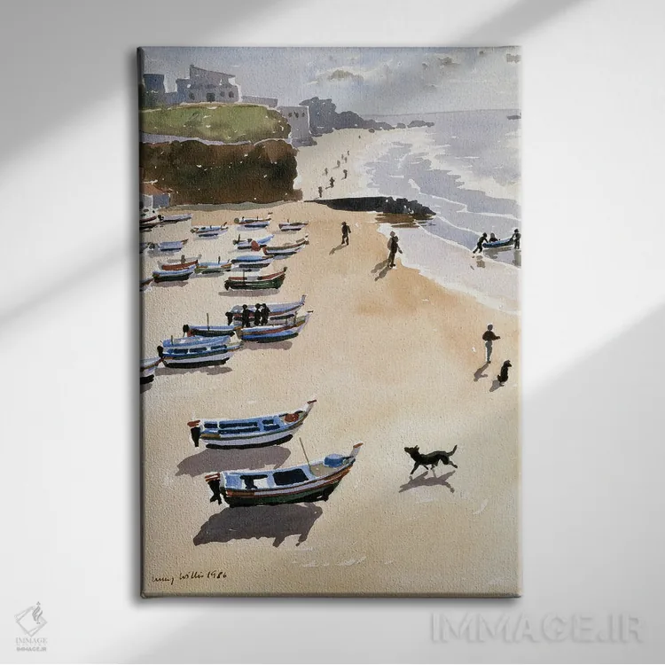 تابلو کلاسیک قایق ها در ساحل، ۱۹۸۶ اثر لوسی ویلیس - نمای روبهرو روی دیوار