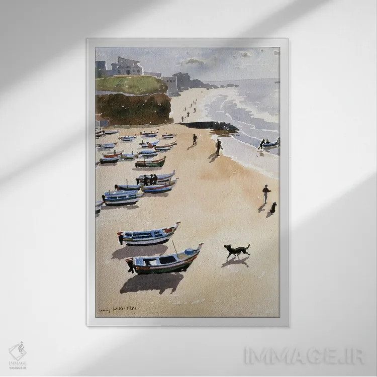 تابلو کلاسیک قایق ها در ساحل، ۱۹۸۶ اثر لوسی ویلیس - نمای قابدار سفید